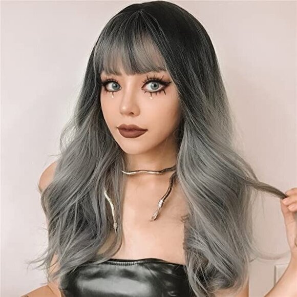 🆕 Stunning Long Dark Gray Ombre Wig Synthetic Lace Wig Full Bangs SEXY NWT👀😘 - Picture 6 of 8